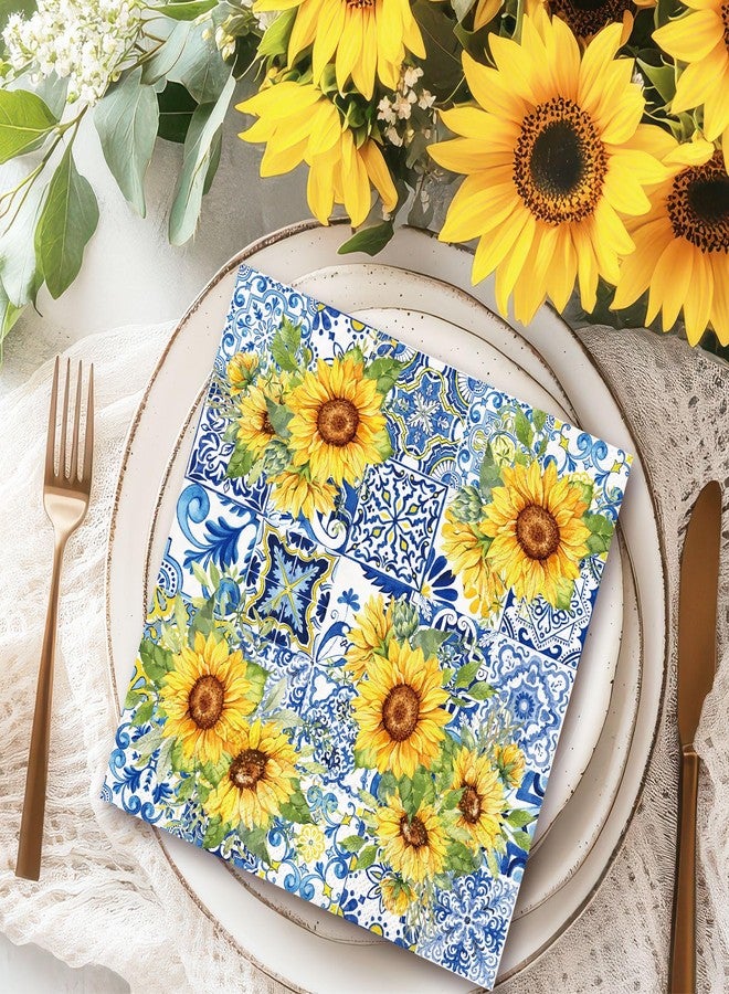 JarThenaAMCS مناديل ورقية من JarThenaAMCS، 80 قطعة، بتصميم زهور عباد الشمس، باللونين الأزرق والأصفر، للاستخدام مرة واحدة، مثالية لعشاء صيفي مزهر، ولحفلات الغداء، ولتزيين الحفلات. - Image 5